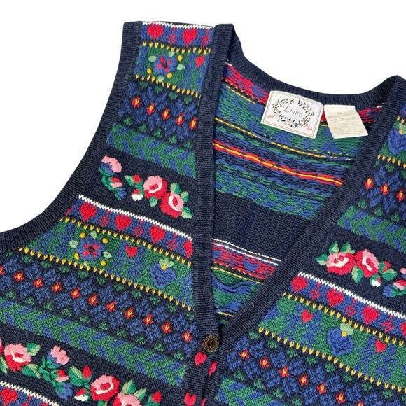 Vintage Erika Fair Isle Cottage Dark Floral Sweater Vest Size M Holiday Vintage - Picture 2 of 10